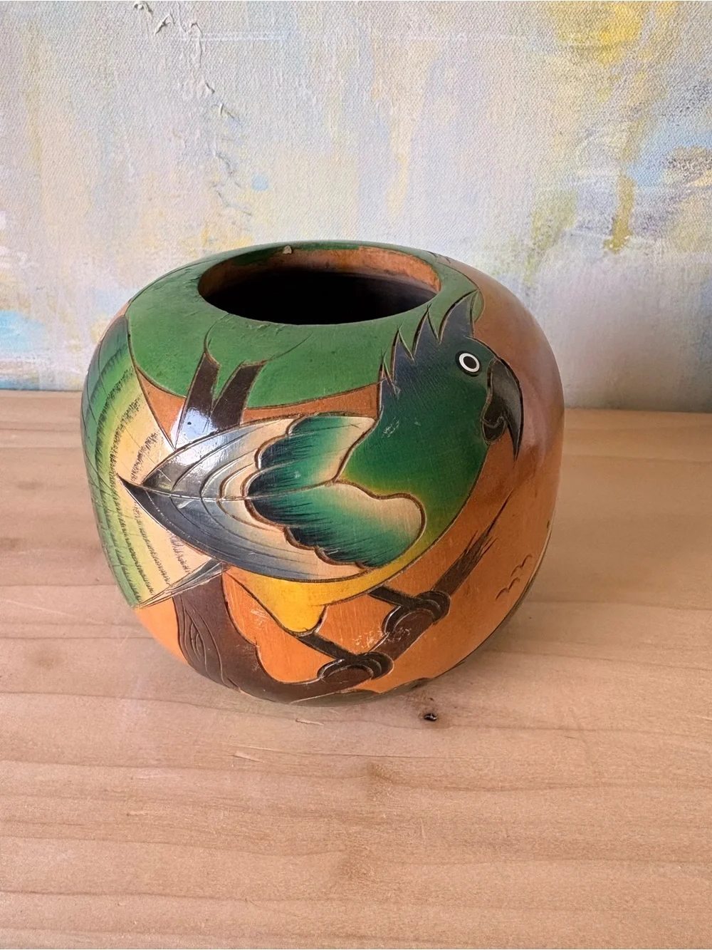 Vintage Latin American Hand-Carved Wooden Vase with Bird and Mountain Motif